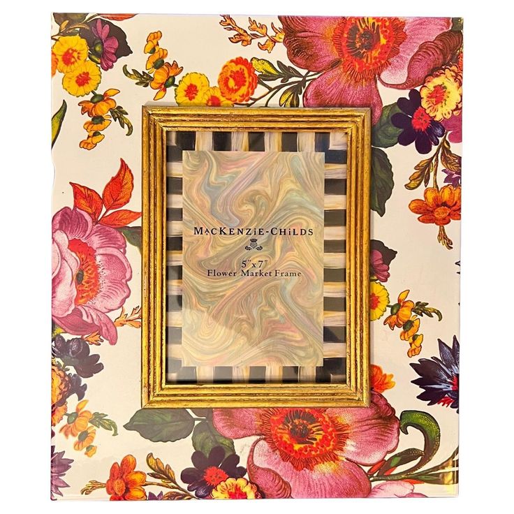 an ornate frame with flowers and stripes on the front is shown against a blue background