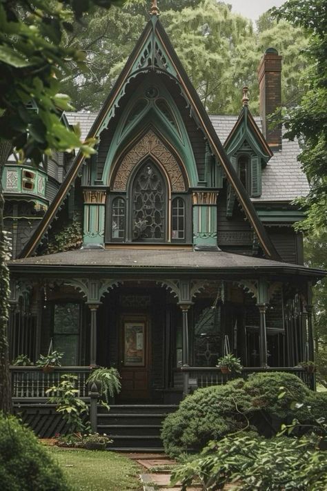 an old victorian style house with green trimmings and woodwork on the front