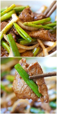 two pictures of beef and asparagus stir fry with chopsticks