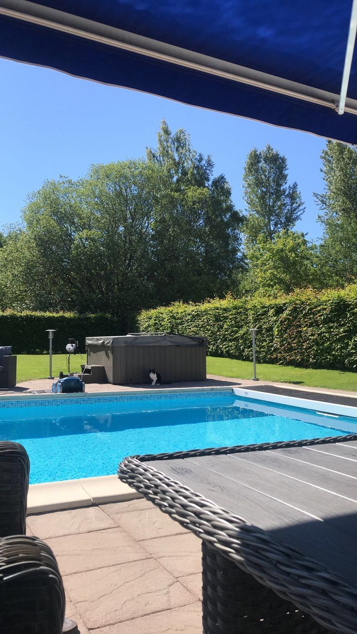 an empty swimming pool with lounge chairs around it and trees in the backgroud