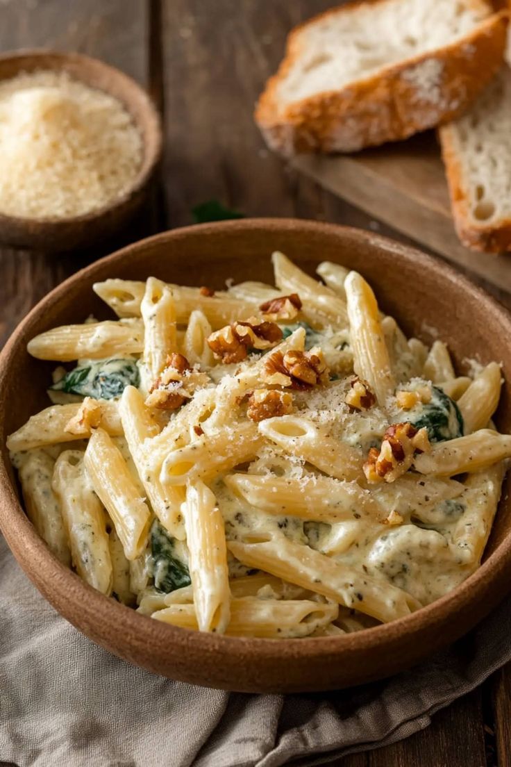 a wooden bowl filled with pasta and spinach covered in sauce next to slices of bread