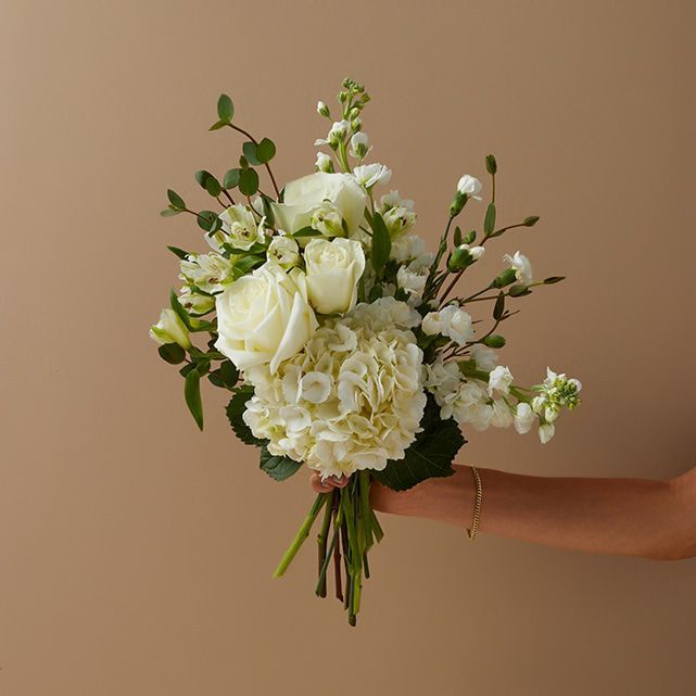 White Hydrangea + White Roses, Mini-carnations & Alstroe - The Bouqs Co. Green Hydrangea Wedding, Small Wedding Bouquets, Hydrangea White, Hydrangea Bouquet Wedding, Simple Wedding Bouquets, Bridesmaid Bouquet White, Bridal Bouquet Fall, Wedding Bouquets Bride, Green Bouquet