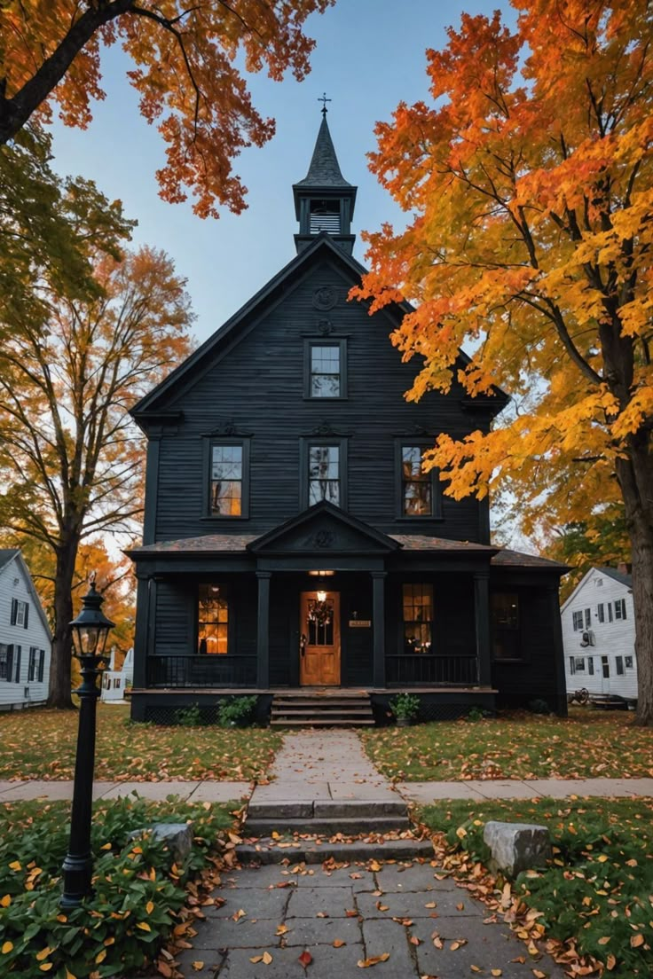 an old black house in the fall with leaves on the ground and trees around it