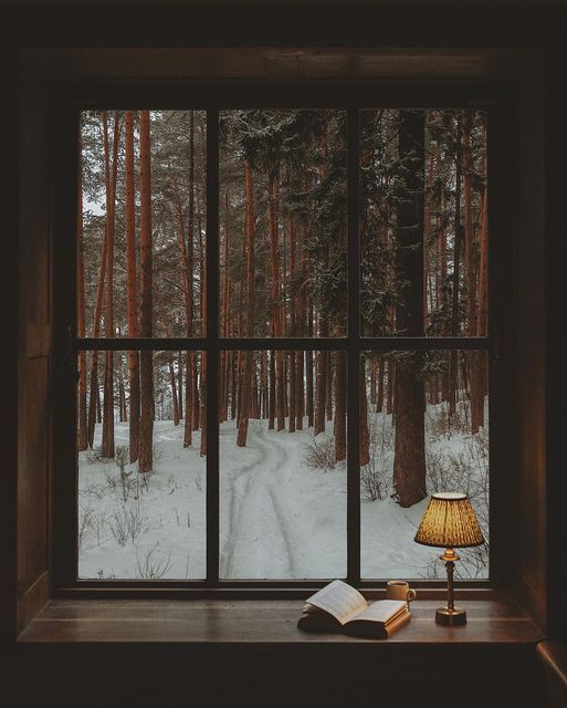 an open book sitting on top of a window sill next to a lamp in the snow