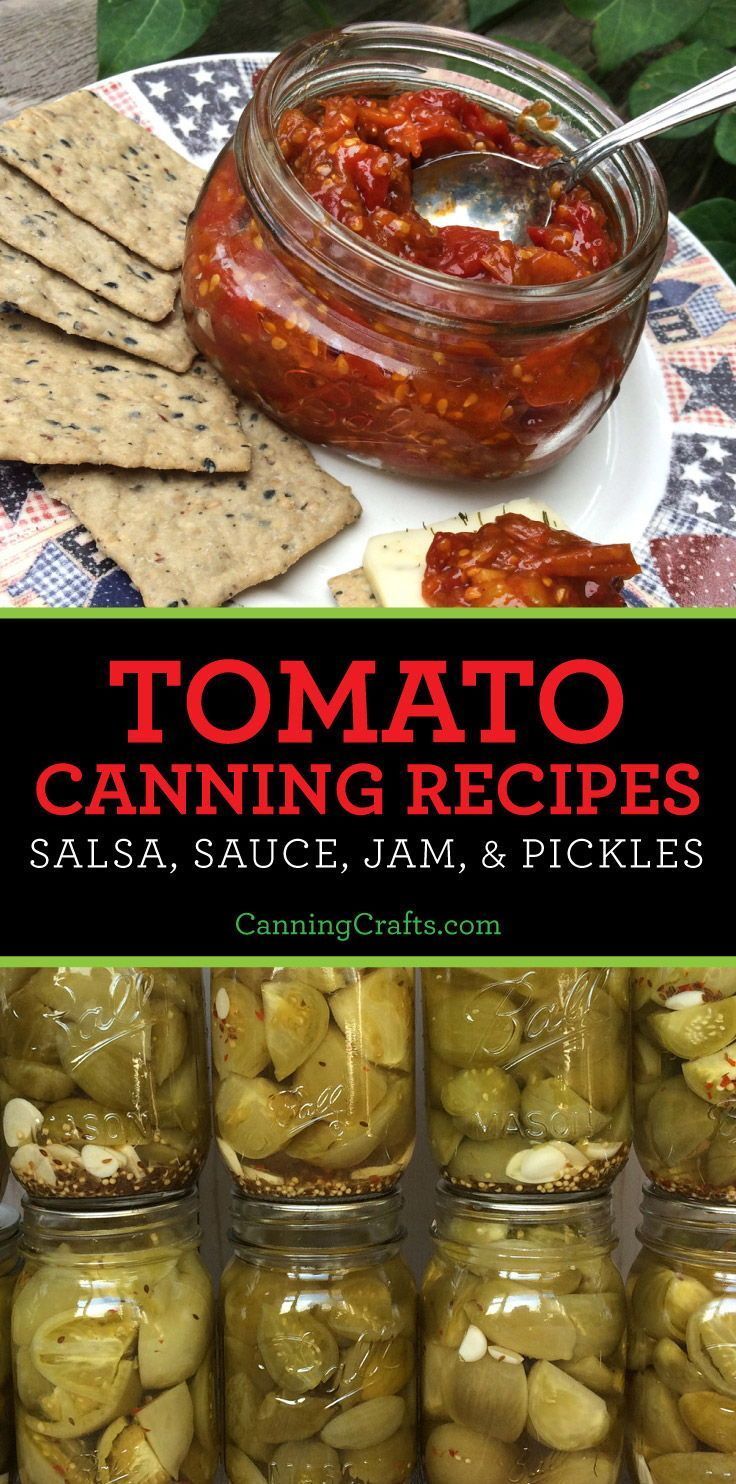 tomatoes, garlic and pickles in jars with the title tomato canning recipes salsa, sauce, jam & pickles