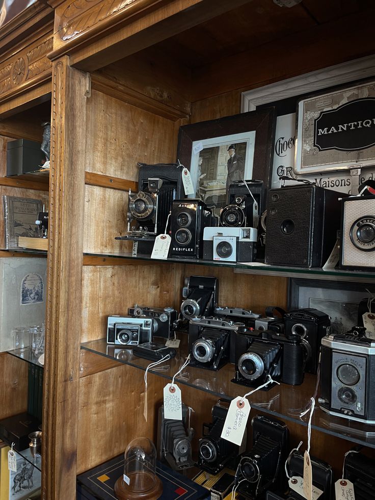 many old cameras are on display in a wooden shelf with tags hanging from it's sides