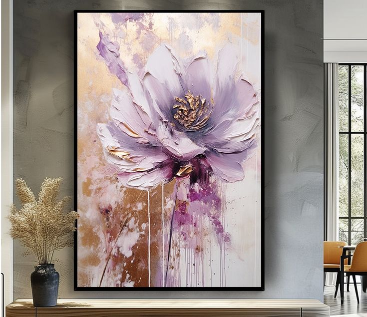 a large purple flower on a white and gold background in a living room with grey walls