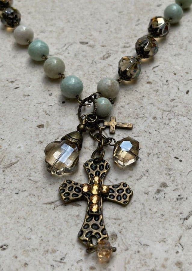 USA Made Ladies Leopard Print Embossed Cross with Natural Stone & Glass Beads | Fashion Jewelry Handmade in Texas by Carol Su | Women's Made in America Boutique Bohemian Cross Jewelry For Healing, Bohemian Cross Beaded Necklace Gift, Bohemian Cross-shaped Beaded Necklaces, Spiritual Cross Necklace With Beaded Chain, Bohemian Beaded Cross Necklace, Handmade Bohemian Cross Jewelry, Artisan Cross Necklace For Jewelry Making, Bohemian Glass Crystal Necklaces For Jewelry Making, Adjustable Bohemian Cross Beaded Necklaces