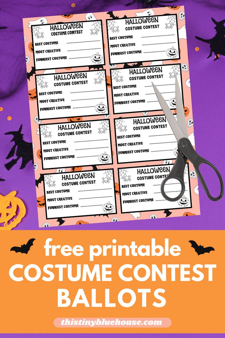 halloween printable costume contest with scissors and pumpkins on purple background text reads, free printable costume contest balloons