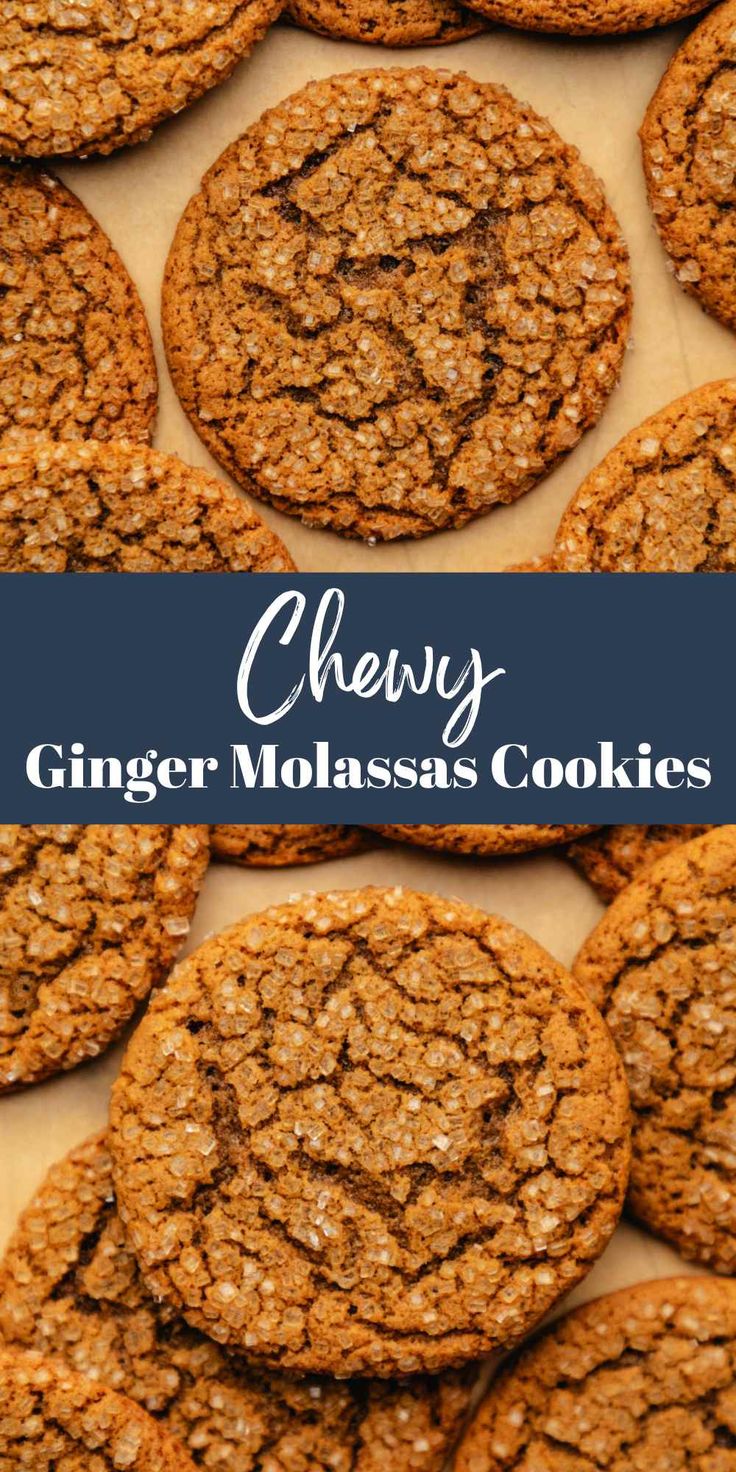 chewy ginger molasss cookies stacked on top of each other with text overlay