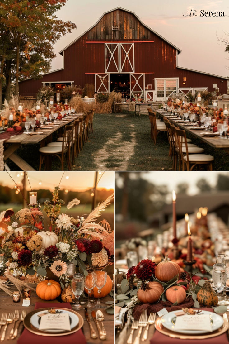 an outdoor wedding reception with pumpkins, flowers and greenery on the tables in front of a barn