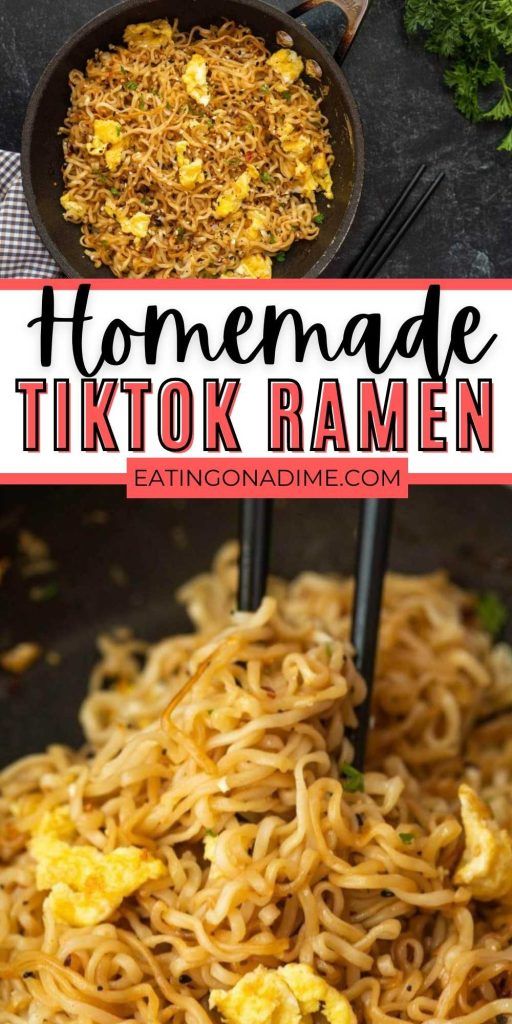 homemade tiktok ramen in a skillet with chopsticks