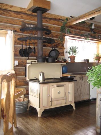 an old fashioned stove in a rustic log home