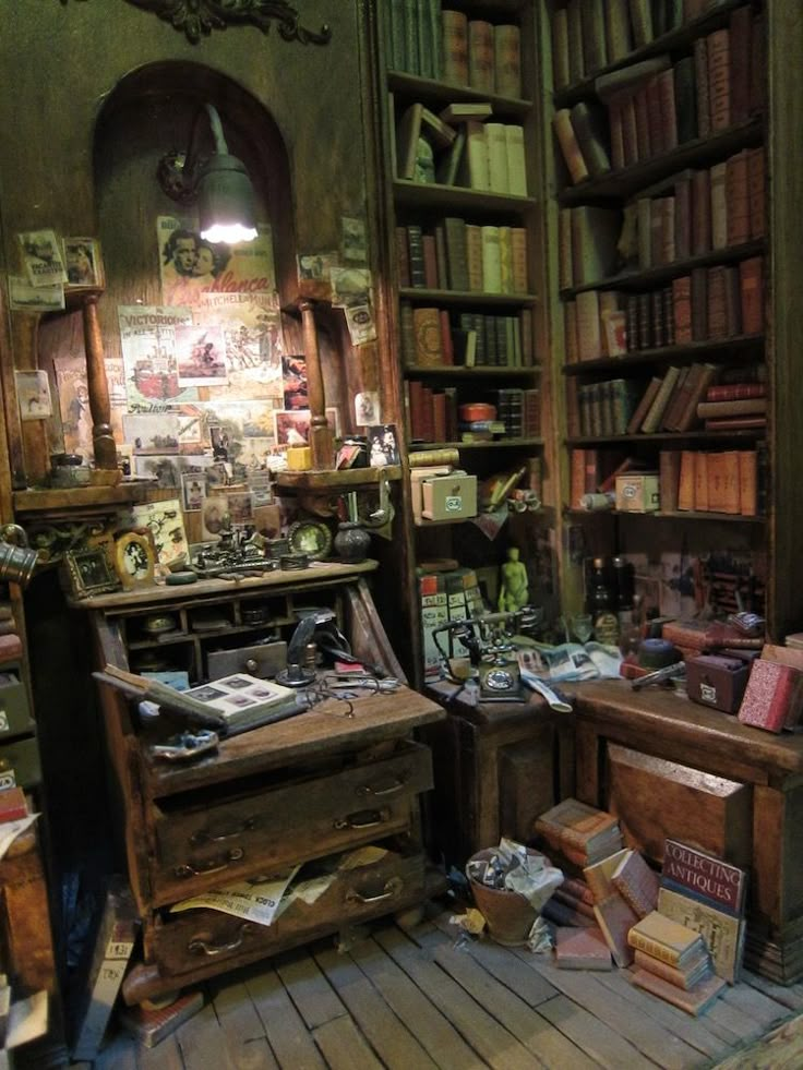 an old fashioned room with many books on the shelves