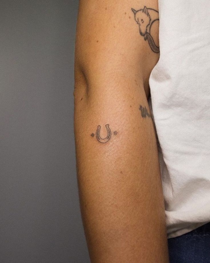 a person with a tattoo on their arm and a horseshoe in the other side of his arm