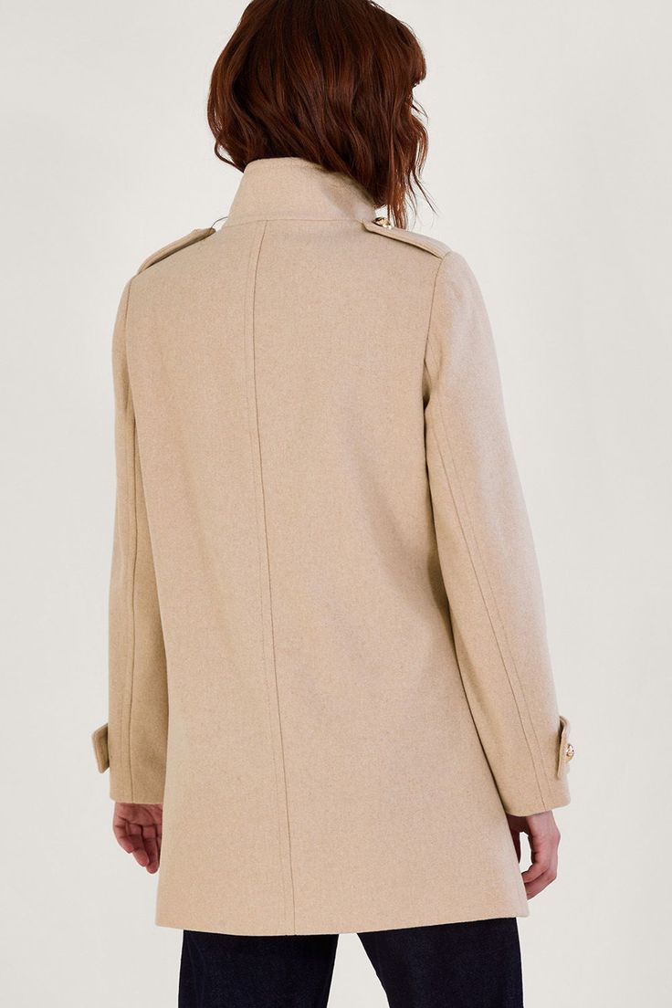 Reality check: It's coat season. Designed in a soft wool blend and high neckline, this coat is here to see your through the chillier months. What's that catching your eye? It's the oversized gold buttons on the military-style double breasted front. As part of the journey to make our clothes kinder to the world around us, this item was made using more sustainable raw materials, such as organic cotton, recycled polyester and viscose from responsibly grown forests. Prom Dress Shoes, Petite Coat, Reality Check, Petite Tops, Girl Coat, Weekend Wear, Pea Coat, Girl With Hat