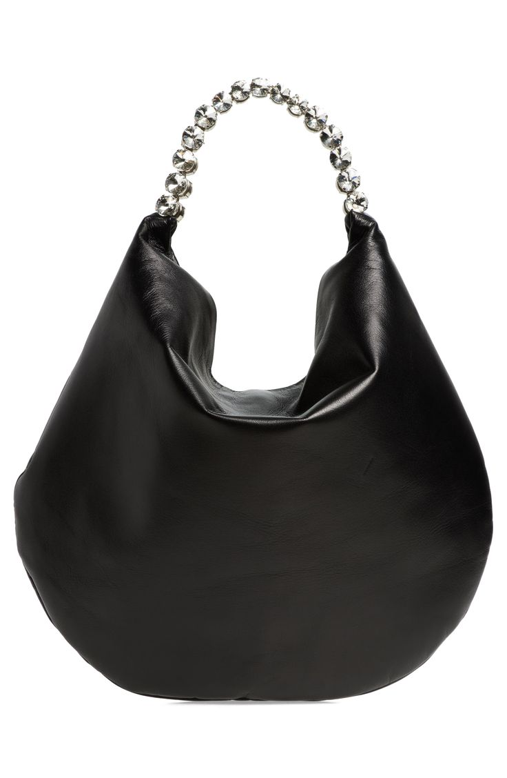 A draped hobo silhouette creates a feeling of sculptural ease on this luminous leather handbag topped with a crystal-encrusted carry handle. Magnetic-snap closure Top carry handle Satin lining Leather/crystal Spot clean Imported Designer Handbags Elegant Hobo Bag With Detachable Handle For Evening, Modern Evening Hobo Bag With Detachable Handle, Evening Hobo Bag With Handle Drop, Modern Hobo Bag With Detachable Handle For Evening, Chic Evening Hobo Bag With Top Handle, Evening Shoulder Bag With Silver-tone Hardware And Round Handle, Modern Evening Hobo Bag With Top Handle, Evening Hobo Bag With Double Handle, Elegant Shoulder Hobo Bag