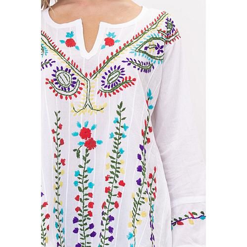 Raj Belle Embroidered Tunic  Paired with well-worn denim or tailored shorts, this embroidered tunic brings easy, breezy style to every look.         Wide neck with deep v     Long sleeves     Relaxed fit     Embroidered details     52% Cotton 48% Viscose     Machine wash, tumble dry     Imported Breezy Style, Tailored Shorts, Embroidered Details, Embroidered Tunic, Easy Breezy, Deep V, Floral Tops, Long Sleeves, Relaxed Fit