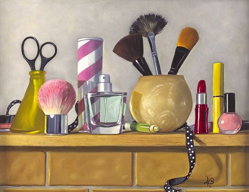 a painting of cosmetics and makeup brushes on a shelf