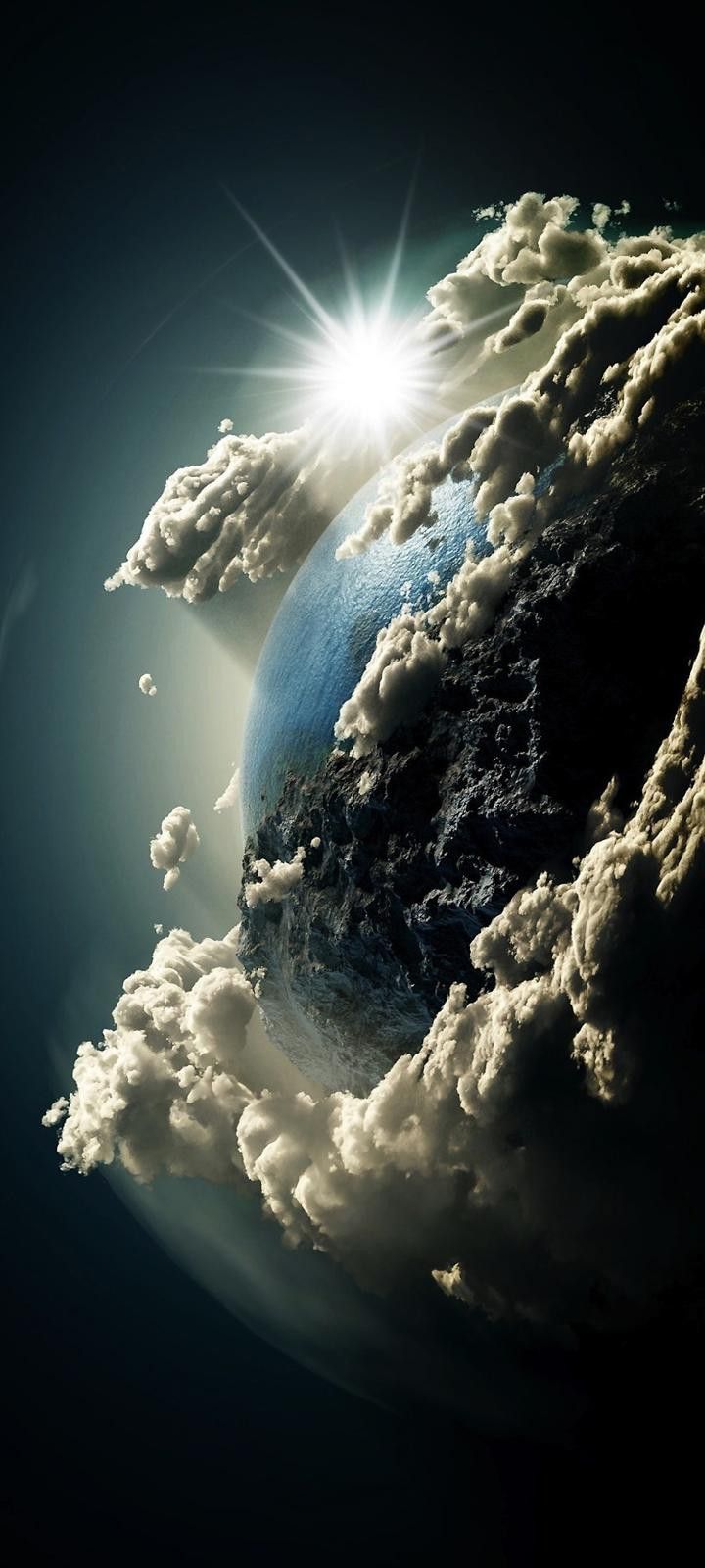 the earth is surrounded by clouds and sun