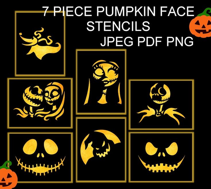 halloween pumpkin faces stencils are shown in black and yellow with the words 7 piece pumpkin face stencils