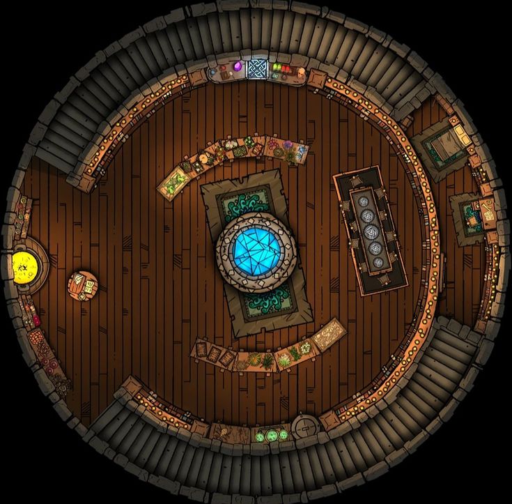 an aerial view of a living room and dining area in a circular wooden floor plan