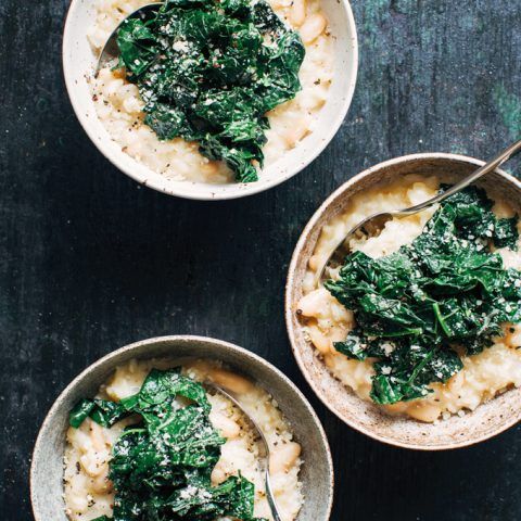 three bowls filled with mashed potatoes and spinach