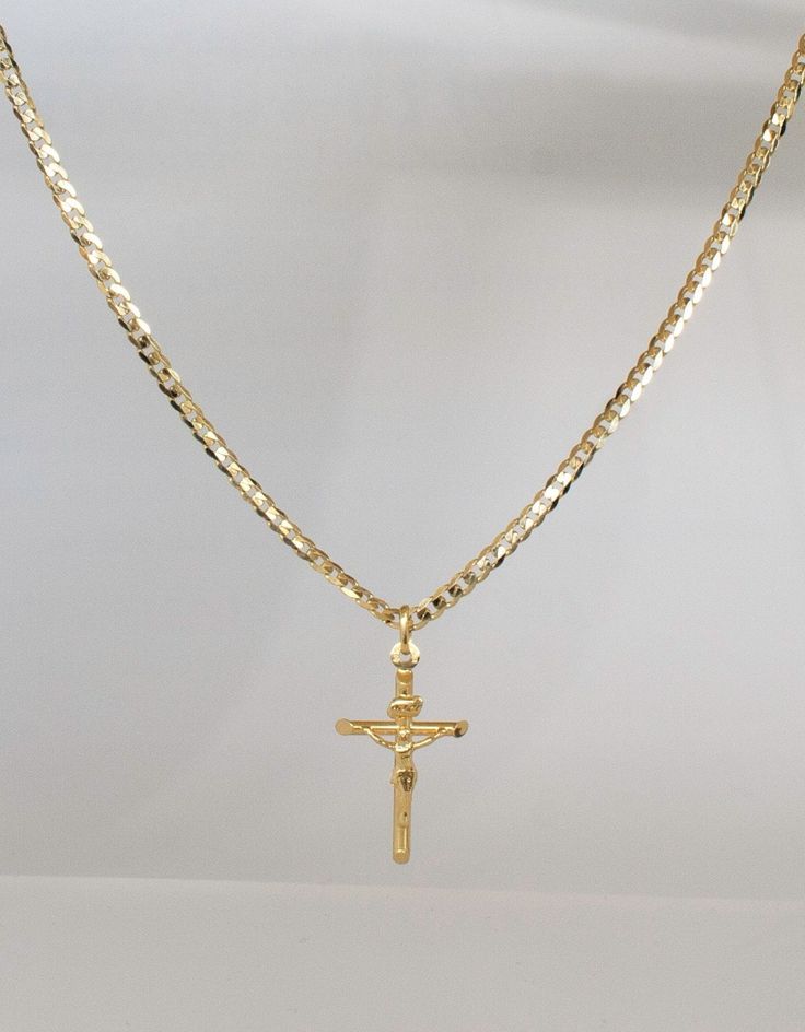 Real Gold Cross Necklace Made in Italy Guaranteed 10K Yellow GOLD, Stamped 10K This gold cross necklace is a beautiful piece for Christians for protection during uncertain times. Excellent for yourself or as a thoughtful gift to somebody you care about. 10K SOLID Gold Curb Chain: 1.5 mm, 2 mm, 3mm Choose Cross size (not including bail): Small: 30 mm x 18 mm x 4 mm Large: 45 mm x 28 mm x 5 mm Real Solid Gold Curb Chain is secured with a Solid Gold lobster clasp. Invest in SOLID GOLD: It's what's Mexican Gold Cross Necklace, Mens Gold Jewelry Necklace, Luxury Men's Crucifix Necklace, Cross Necklaces For Men, Gold Plated Cross Chain Necklace, Gold Plated Crucifix Jewelry With Adjustable Chain, Yellow Gold Cross Necklace With Adjustable Chain, Yellow Gold Cross Jewelry With Adjustable Chain, Adjustable Crucifix Chain Jewelry