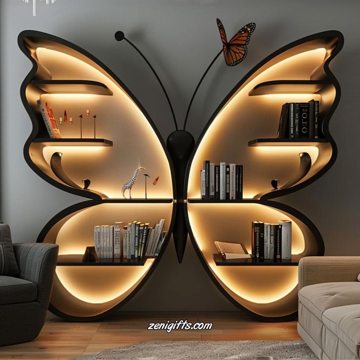 a butterfly shaped book shelf with books on it's sides and lights in the middle