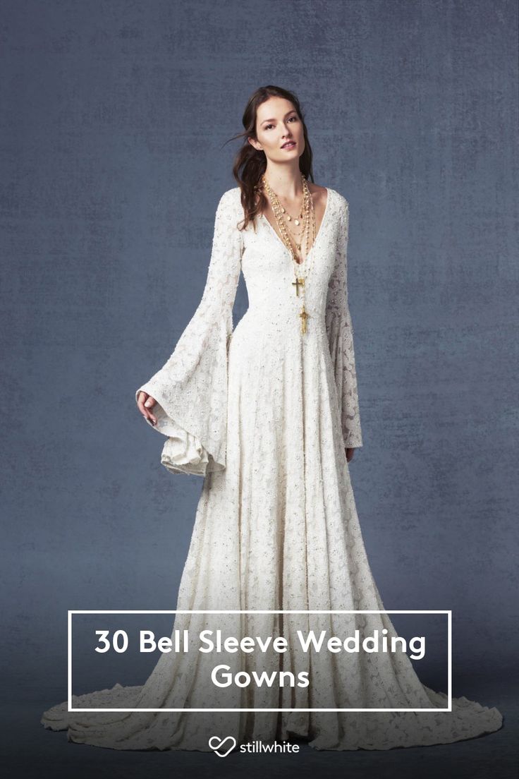 a woman in a white dress with the words, 30 bell sleeve wedding gowns