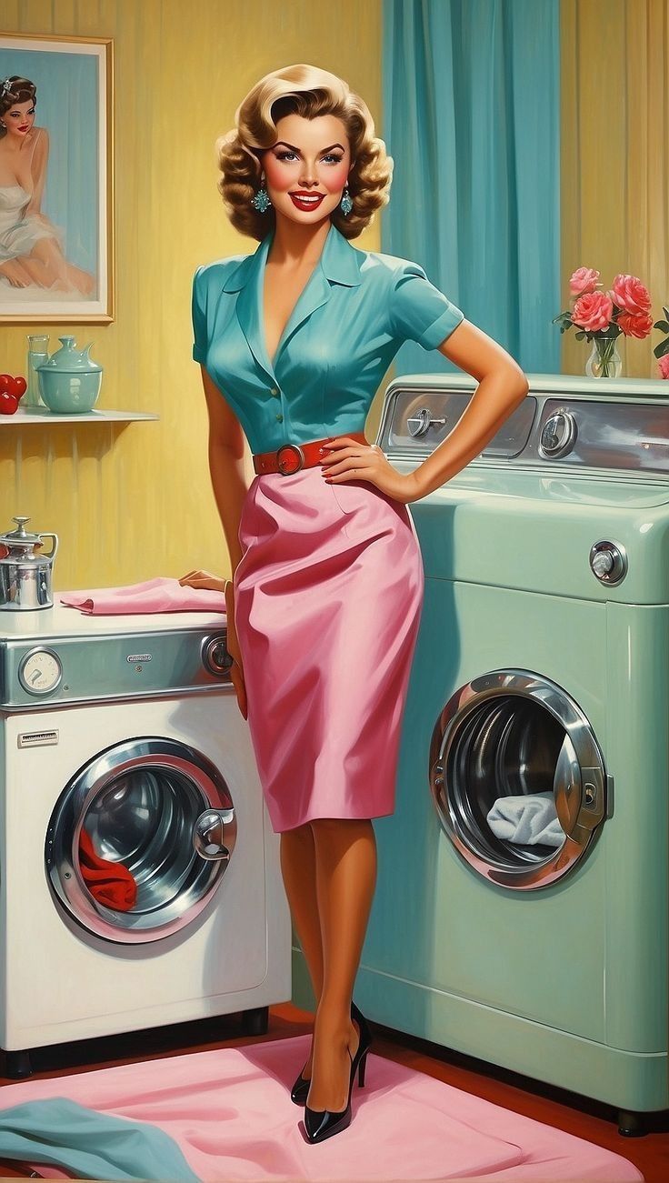 a painting of a woman standing next to a washing machine