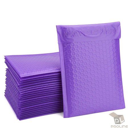 purple plastic bags are stacked on top of each other, with the lids folded down