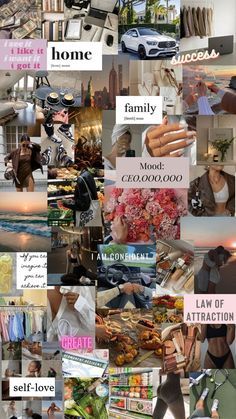 a collage of photos with words and pictures on them that say home, family, moot, cococooche, law of attraction, self - love