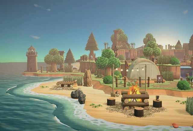 an animated image of a camp site on the beach with trees and buildings in the background