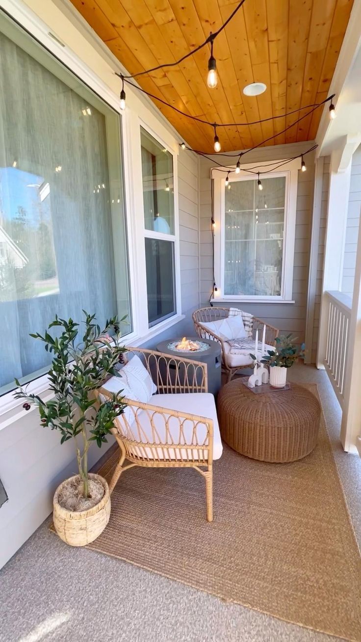 the porch is decorated with wicker furniture and potted plants, along with an outdoor seating area