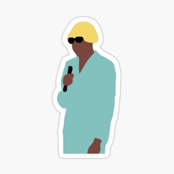 a sticker with an image of a man wearing sunglasses and holding a microphone in his hand