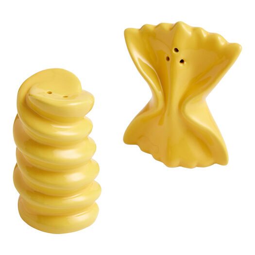 a yellow plastic object with buttons on the top and bottom, next to it is a white background