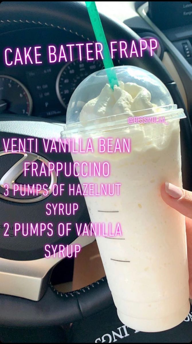 a person holding up a plastic cup with whipped cream in it and the words cake batter frapp above it