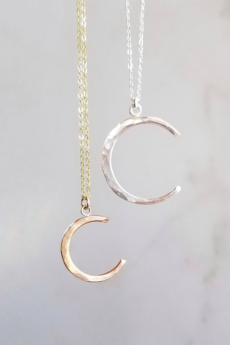 Choice of 14k gold fill or 925 sterling silver crescent is hand formed and hammered to a sparkling finish and suspends from a strong but delicate cable chain. ~.75 crescent pendant (can be made bigger or smaller upon request) ~Wrapped & ready for gifting or keeping ~Handmade in Tennessee Hammered Sterling Silver Round Pendant Jewelry, Minimalist Hammered Pendant Jewelry, Sterling Silver Hammered Jewelry Gift, Hammered Sterling Silver Jewelry For Gifts, Hammered Sterling Silver Jewelry Gift, Personalized Silver Moon-shaped Jewelry, Hammered Sterling Silver Round Pendant, Celestial Half Moon Jewelry For Anniversary, Personalized Sterling Silver Celestial Jewelry