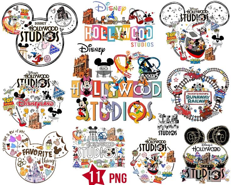 mickey mouse stickers are shown in various colors and sizes, including the logo for disneyland studios