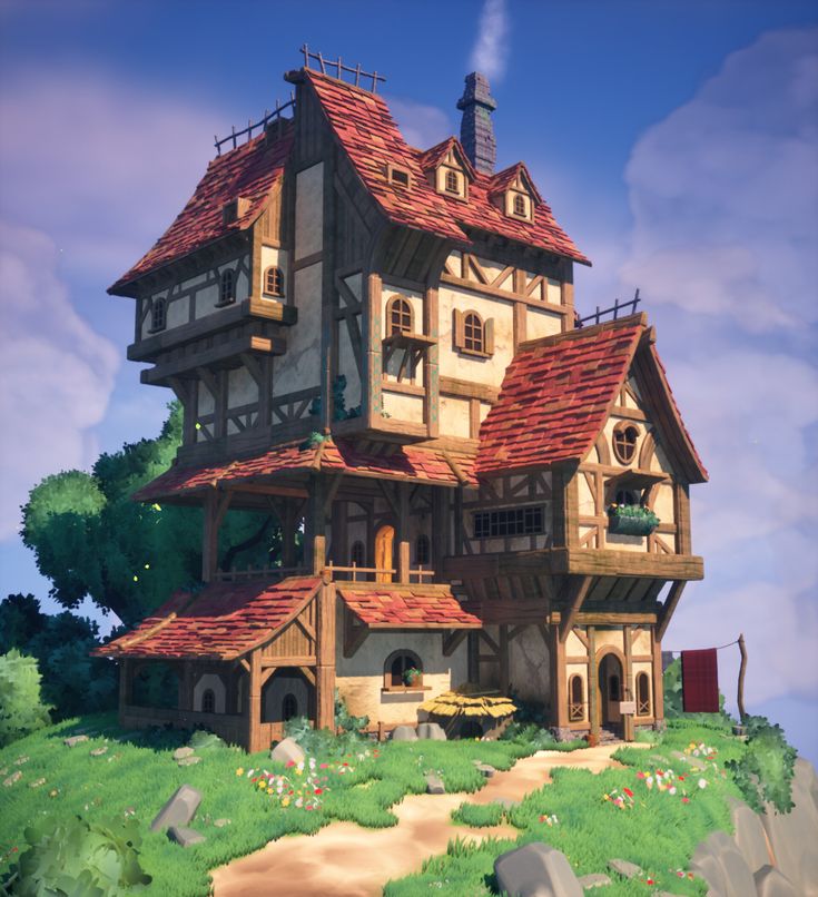 an animated image of a house with lots of windows and red roofing on it