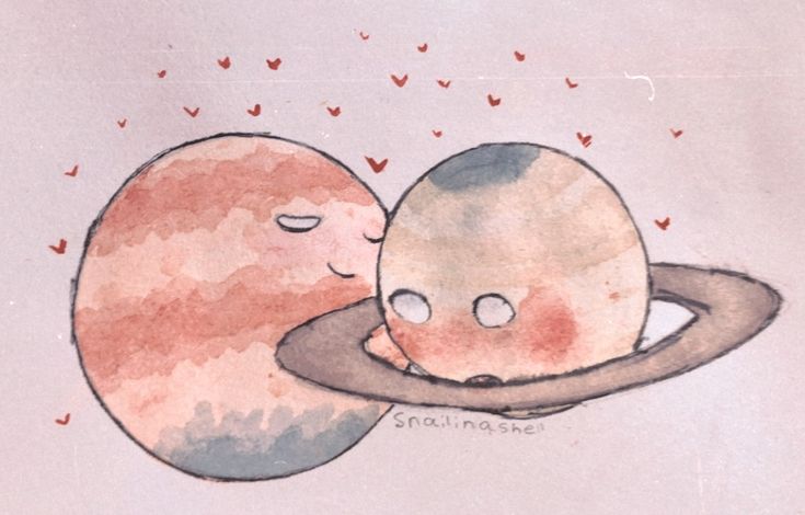 an illustration of two planets hugging each other