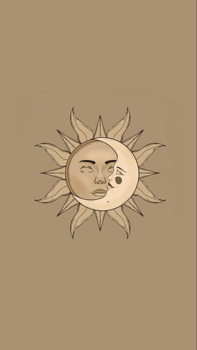 a drawing of the sun and moon with faces drawn on it's sides, against a brown background