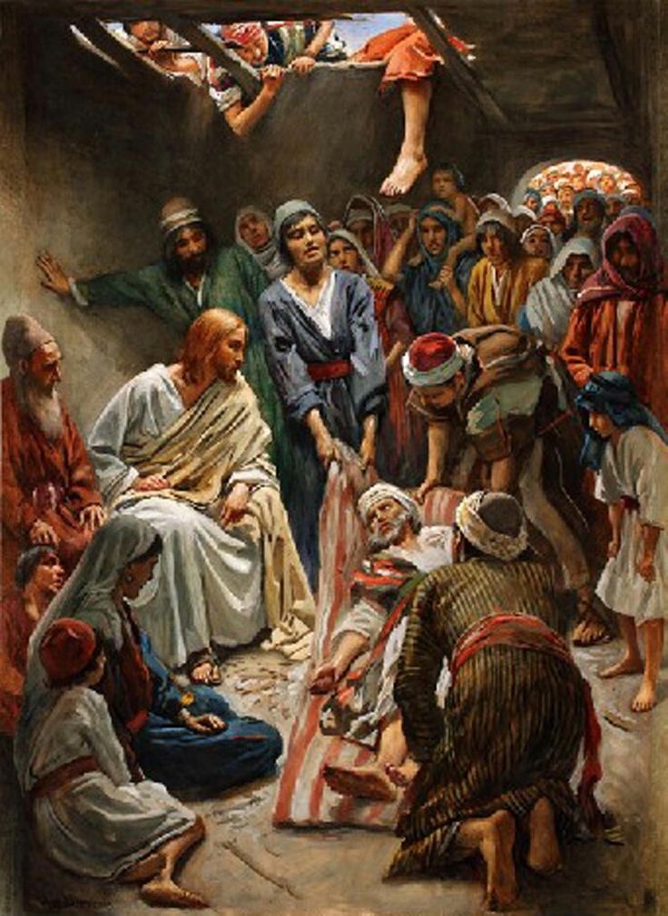 a painting of jesus and the people surrounding him