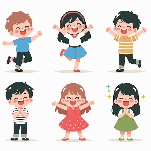 four children are dancing together in different poses