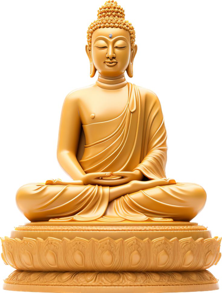 a golden buddha statue sitting in the middle of a white background with no image on it