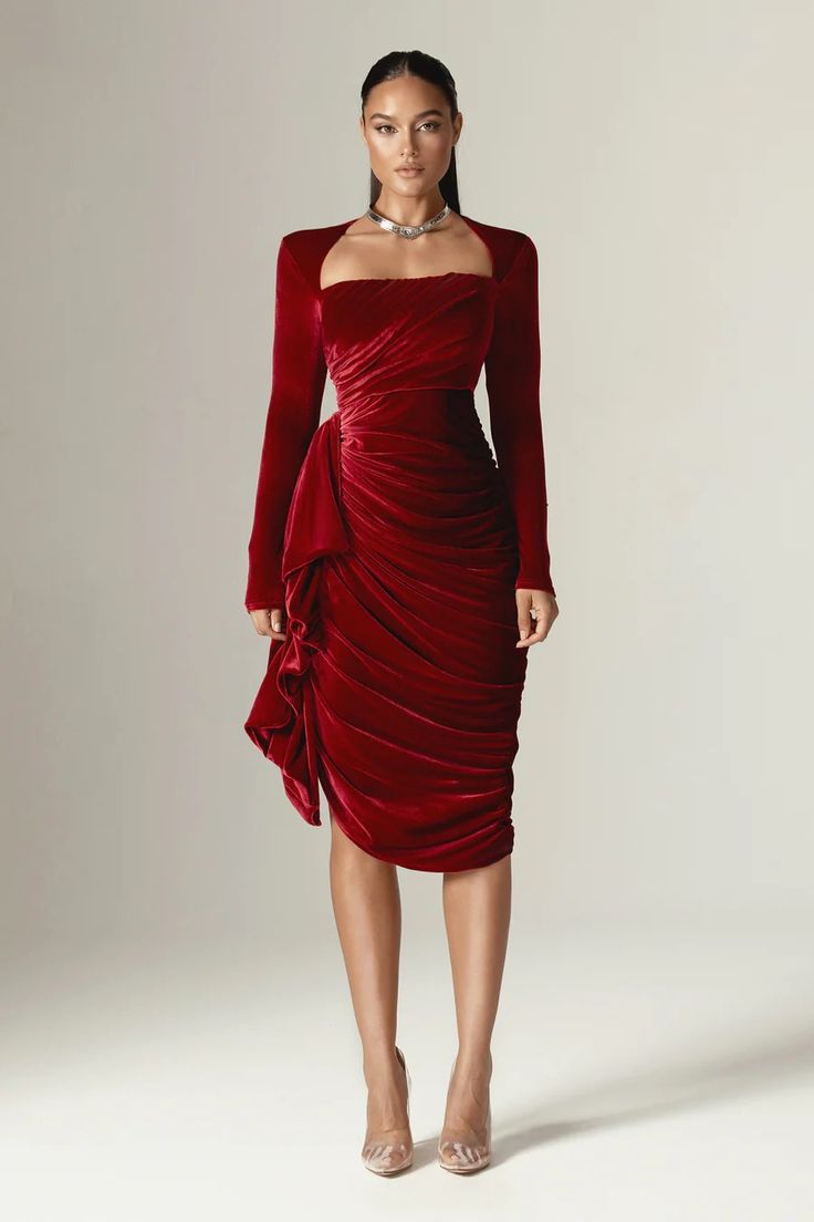 ‘Narin’ is just the epitome of elegance and class, Made from our ultra luxe velvet fabric in a maroon color, The bodice has our special corsetry boning to ensure the utmost support and gives the bust a lift for the ultimate cleavage. The skirt is gathered to the hip and we especially love the waterfall drape layer that drops down below the knee for an elegant finish.making it super flattering to the tummy and we love the thigh grazing split, revealing the perfect amount of skin. It has a zip to Midi Dress Classy, Velvet Dresses Outfit, Draped Midi Dress, Burgundy Outfit, Dress Maroon, Draped Midi Dresses, Red Velvet Dress, Maroon Dress, Burgundy Dress