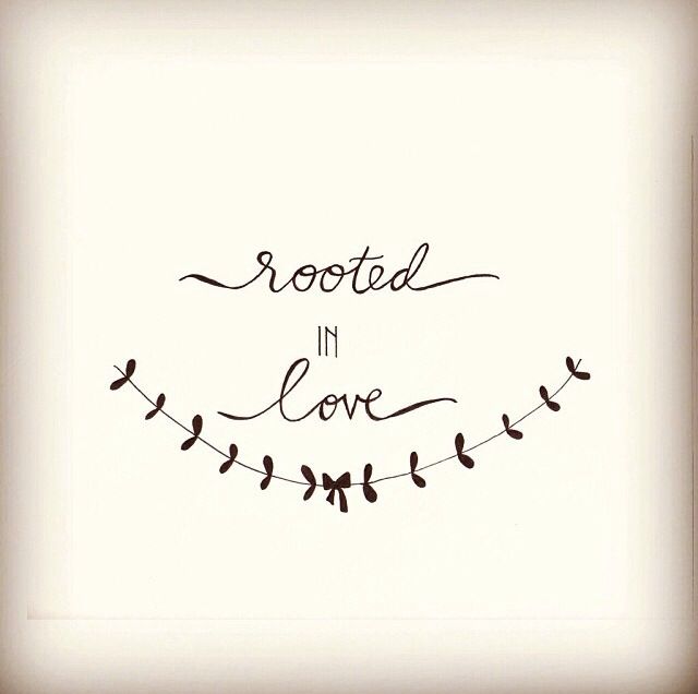 the words rooted in love are written on a white background with black birds and leaves