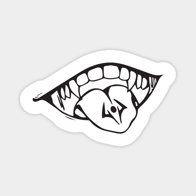 an open mouth sticker with teeth and fangs on the front, in black and white