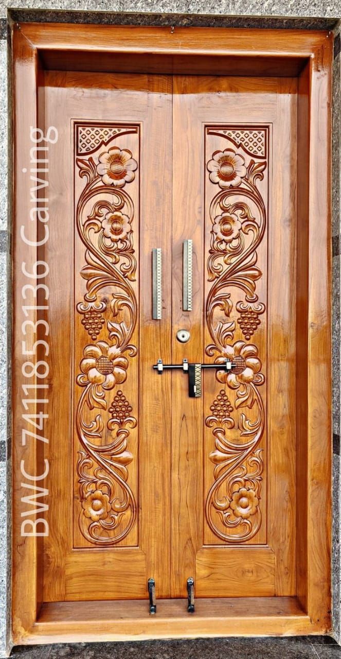 a wooden door with intricate carvings on the front and side doors, which are made out of wood